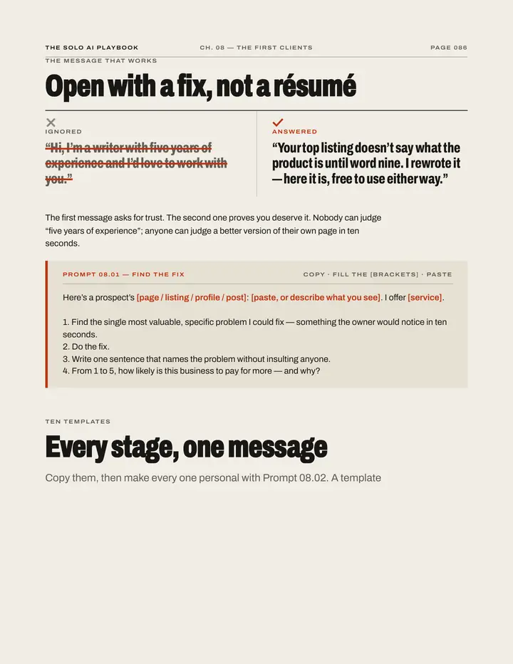 Book page 86, “Open with a fix, not a résumé”: an ignored pitch next to one that gets an answer